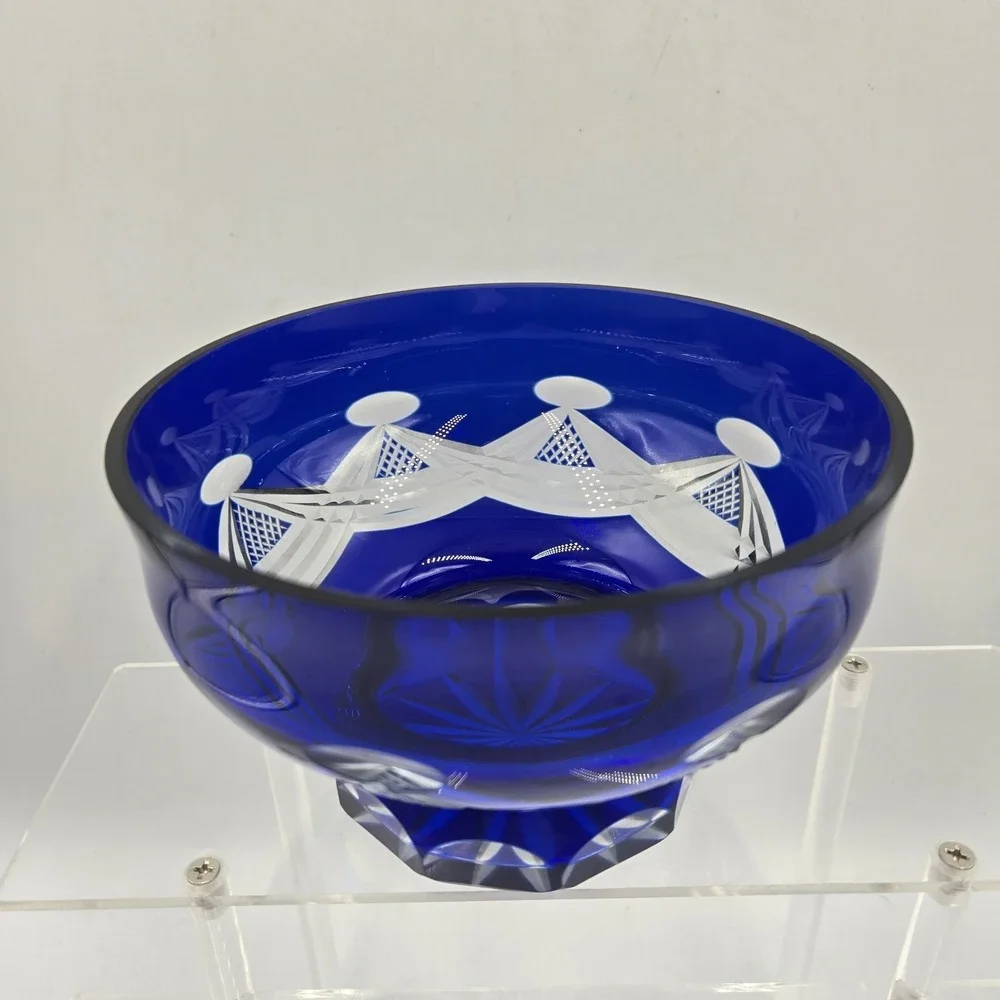 Bohemian Cobalt Blue Cut to Clear Crystal Footed Bowl Czech Candy Dish Starburst